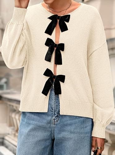 PRETTYGARDEN Cardigan Sweaters for Women Fall Fashion 2025 Bow Tie Front Long Sleeve Knit Sweater Tops Cute Winter Clothes thumbnail 6