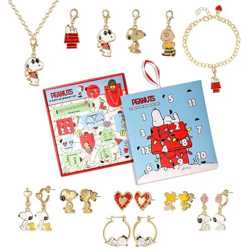 Peanuts Snoopy Jewelry Advent Gift Set: 12 Piece Earrings Necklace Bracelet & Charms Mix & Match Christmas Calendar Set - Image 1