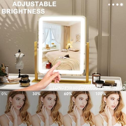 ROLOVE Vanity Mirror with Lights, 12.6"×15" LED Makeup Mirror, Lighted Makeup Mirror with Lights, Smart Touch Control Dimmable 3 Modes Light, Lighted Up Mirror for Makeup Desk, Gold thumbnail 4