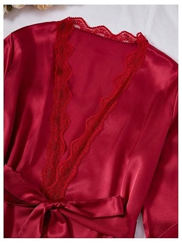 SweatyRocks Women's Silk Pajamas Set 4pcs with Robe Lace Trim Shorts Lounge Sets Pants Sleepwear thumbnail 4