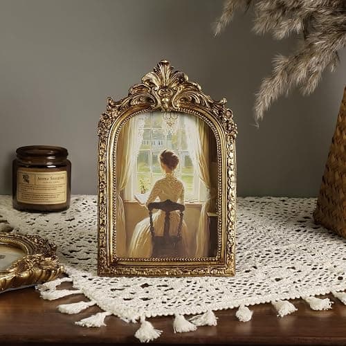 Cuspin Vintage 4x6 Picture Frame, Gold Ornate Resin Frames with Plexiglass Front for Tabletop and Wall Mounting, Antique Arched Photo Frame for Home Office Decor thumbnail 7