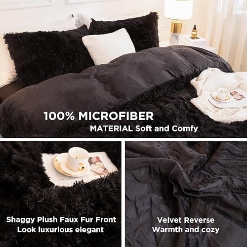 Andency Queen Comforter Set Black, Fluffy Winter Faux Fur Warm Soft Plush Bedding Comforter Set (1 Velvet Comforter & 2 Pillowcases), Fuzzy Thick Heavy Puffy Comforters Bed Set thumbnail 6