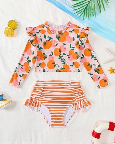 Mioglrie Toddler Girls Swimsuit Little Girls Long Sleeve Two Piece Ruffle Rash Guard Bathing Suit Kid Swimwear 2-6 Years thumbnail 2