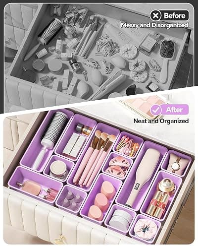 Canfanni 13 Pack Plastic Drawer Organizers Set, 3 Sizes Desk Drawer Organizer Trays for Vanity and Makeup Organizer, Organization and Storage for Makeup, Kitchen Utensils, Bathroom and Office(Purple) thumbnail 5