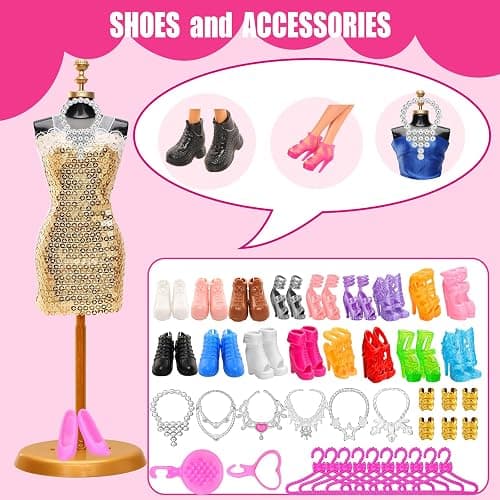 57 PCS Doll Clothes and Accessories 3 Wedding Gowns 3 Tops 3 Pants 3 Fashion Dresses 1 Evening Dresses 2 Swimsuits Bikini 6 Braces Skirt 10 Hangers 15 Shoes and 14 Accessories Toys for 11.5 inch Doll thumbnail 6
