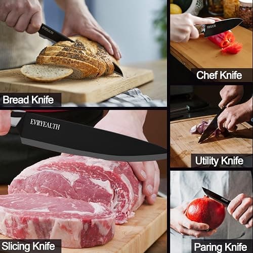 lapelux Kitchen Knife Set - 5 Piece Knife Set with Block, Wood Grain Handle, Stainless Steel Knivese with Chef, Bread, Slicer, Utility, Paring Knife for Cutting Meat/Vegetables/Fruit.… thumbnail 6
