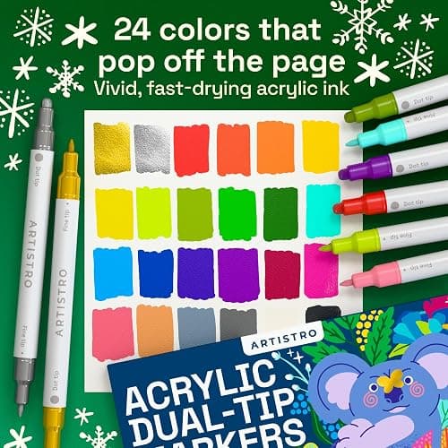 ARTISTRO 24 Acrylic Paint Markers for Rock, Fabric, Wood, Glass, Craft, Decoration - Dual-Tip Paint Pens - Stocking Stuffers, Christmas Gift Idea for Teens, Grandkids, Kids - Art Supplies thumbnail 2
