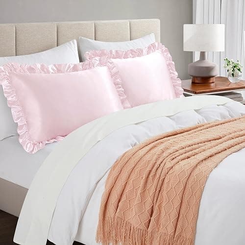 HommxJF Blush Pink Satin Ruffled Pillow Cases for Hair and Skin,Blush Pink Silk Pillowcases Standard Set of 2 with Envelope Closure Princess Room Decoration thumbnail 2