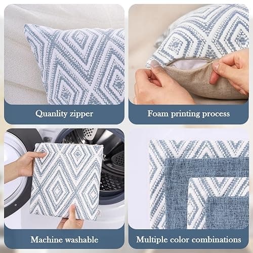 HPUK Throw Pillow Covers 18x18 Set of 4, Linen Look Textured Cushion Covers with Hidden Zipper, Decorative Pillow Covers for Couch Sofa Bed Living Room, Blue, Covers Only thumbnail 4