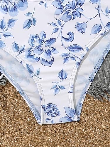 QJQ Girl's 3 Piece Floral Swimsuit Cute V Neck Bikini Set High Waisted Bathing Suit Sheer Mesh Cover Up Skirt thumbnail 4