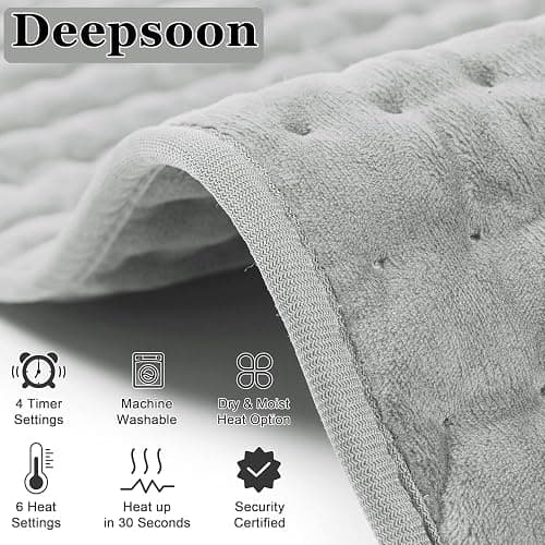 Deepsoon Heating Pad,Electric Heating Pads for Back,Neck,Abdomen,Moist Heating Pad for Shoulder,Knee,Arms,Legs,Dry/Moist Heat & Auto Shut Off,Birthday Gifts for Men and Women,Light Gray,24x12 Inch thumbnail 9