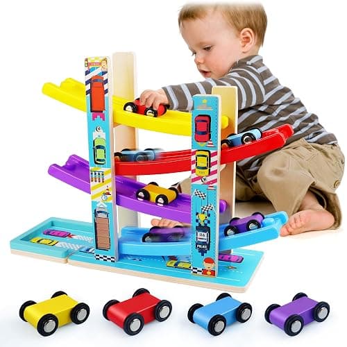 Montessori Toys for Toddlers, Children Race Track Toy with 4 Cars and 1 Wooden Parking Lot, Stable Base, Car Ramp Toy for 1 2 3 Year Old Boy Girl Gifts - Image 1