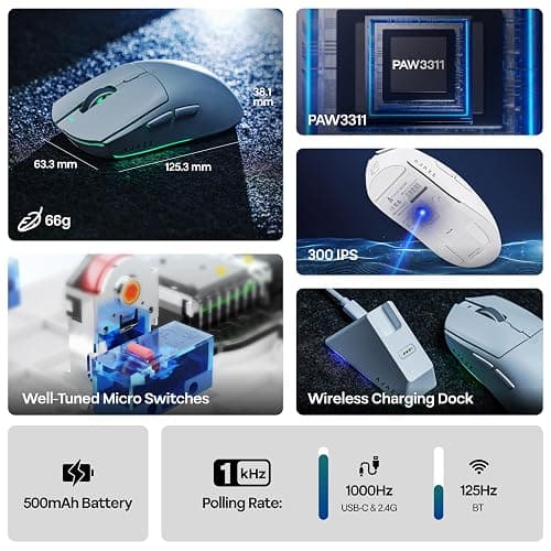 MechLands AJAZZ AJ139 V2 MC Gaming Mouse with Charging Base, Adjustable 12,000 DPI, PAW3311 Sensor, 3 Modes Wireless Mouse, 500mAh Battery, 1000 Polling Rate, 66g Lightweight, Win/Mac (White) thumbnail 3