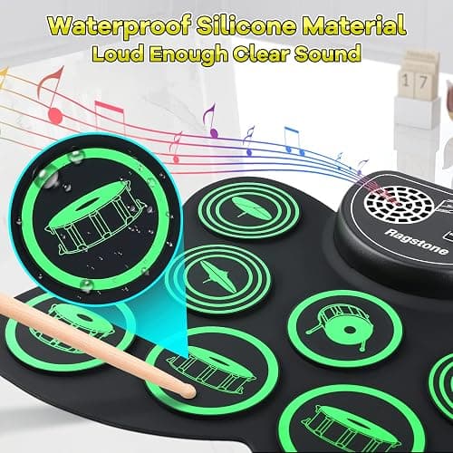 Ragstone Electronic Drum Set, Roll Up Drum Practice Kids Drum Set with Dual Stereo Speaker, MIDI, Foot Pedals, Drum Sticks, Ideal Electric Drumset Toy Gifts (Green (Dual Speaker)) thumbnail 2