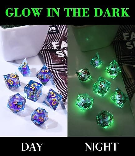 AUSTOR 7-Die Liquid Core Butterfly Dice Glow in The Dark Dice | Sharp Edge Polyhedral Dice, for Dungeons and Dragons RPG, MTG, Table Games thumbnail 3