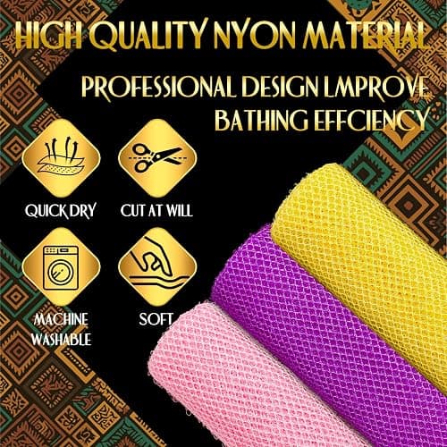 UJFQBH 3 Pack African Net Sponge, African Exfoliating Net Bath Sponge Long Net Bath Sponge Exfoliating Shower Body Scrubber Back Scrubber Skin Smoother,Great for Daily Use (Pink,Yellow,Purple) thumbnail 2