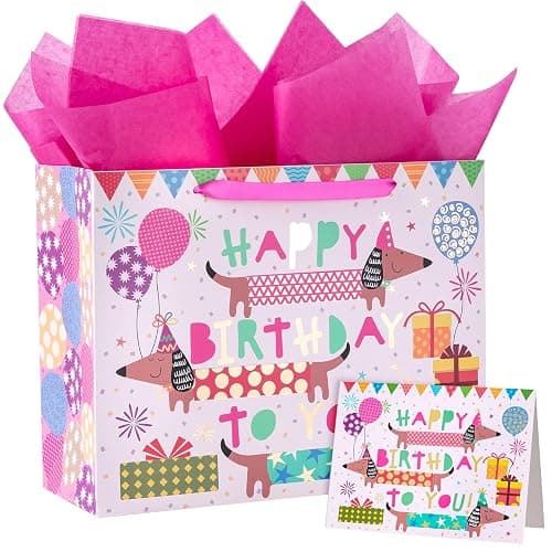 WRAPAHOLIC 13" Large Dog Birthday Gift Bag with Card and Tissue Paper - Gold Foil Dachshund Dogs Happy Birthday Bag for Girl Boy Kids, Baby Shower - Image 1