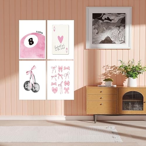 Set of 4 Pink Canvas Wall Art Coquette Room Decor Aesthetic Canvas Wall Art Set Of 4 Preppy Pink Bow Heart Ace A Poker Pictures Girly Cute Posters Coquette Wall Decor 8x10in Unframed thumbnail 7