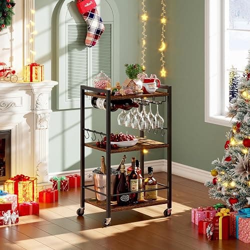 TUTOTAK Bar Cart, Home Bar Serving Cart with 3-Tier Shelf, Drink Cart with Wine Rack, Glass Holder, Rolling bar carts for The Home, Living Room, Brown BC01BB035 thumbnail 8