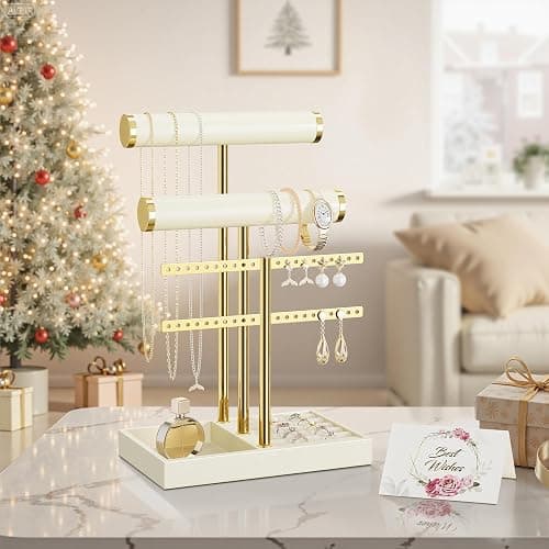 bussdis 3 Tier Bracelet Holder Display - Beige Leather Bracelet Holder, Detachable T Bar Jewelry Holder Organizer for Bracelet, Necklace, Earrings, Rings, Watches, Bangle thumbnail 6