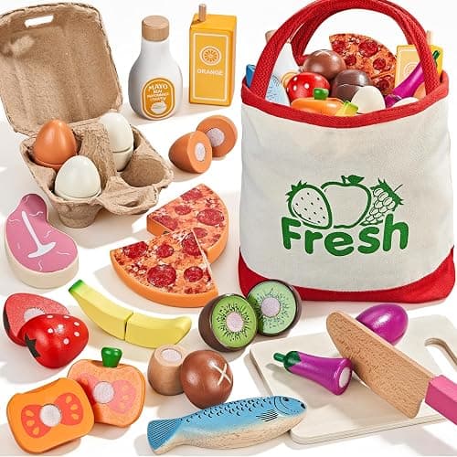 LAUGIGLE Wooden Play Food Sets for Kids Kitchen, Montessori Toy Food with Pizza Toy, Easter Eggs, Pretend Food Play Kitchen Accessories, Cutting Fake Food with Canvas Tote Bag, Birthday Christmas Gift - Image 1