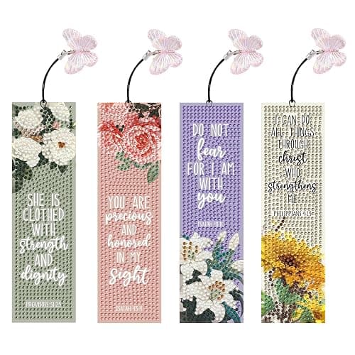 4 PCS Bible Diamond Painting Bookmarks, Flowers Diamond Art Bookmarks for Adults with Pendant, 5d Gem Art, Acrylic Bookmark Easy DIY Crafts for Books Decor Gift - Image 1