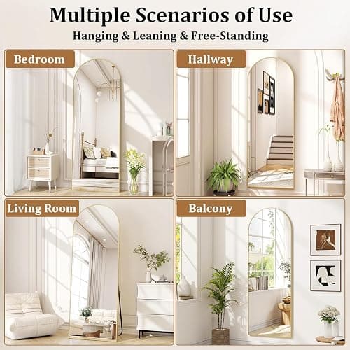 POMILER Arched Full Length Floor Mirror with Gold Aluminum Frame, 56"x15" | HD Tempered Glass, Wall or Floor Mount, Distortion-Free Reflection, Float Glass & Alloy, Multiple Display Options thumbnail 7