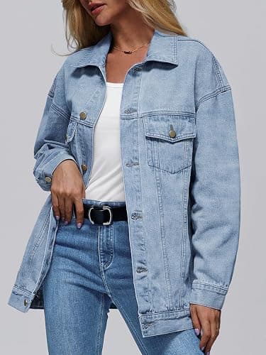 AUTOMET Women's Button Down Oversized Jeans Jacket with Pockets | Classic Denim Jacket with Chest Pockets, Loose Fit Boyfriend Style Coat for Fall thumbnail 2