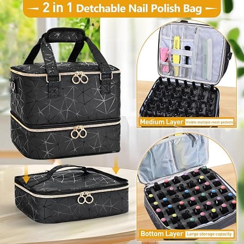 YUYAFN Large Nail Polish Organizer Bag Holds 84 Bottles Nail Polish and a Nail Lamp, PU Leather Nail Kit Storage Carrying Case, Removable Portable Travel Nail Art Tool Storage thumbnail 3