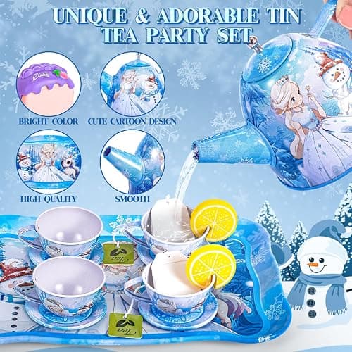 Hohosunlar Frozen Tea Party Set for Little Girls, Princess Gift Toy, Kids Pretend Play Tin Tea Set with Teapot, Tea Cups, Food Playset & Carrying Case, Birthday for Girls Age 3+ thumbnail 5