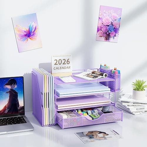 gianotter Desk Organizers and Accessories with File Holder, 4-Tier Desk Accessories & Workspace Organizers with Drawer and 2 Pen Holder, Paper Organizer for Office Supplies (Purple) thumbnail 7
