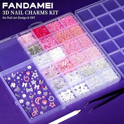 FAMDAMEI 24 Grid Flat Back Pearls and Rhinestones for Bedazzling Kit, Clear White Pink Pearls Flatback Resin Jelly Rhinestones,Flower 3D Nail Charms and Gems for Crafting Rhinestones for Crafts thumbnail 3