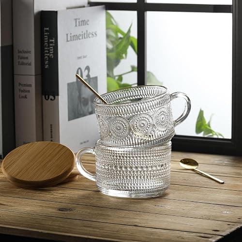 4pcs Set Vintage Coffee Mugs gifts for women, Overnight Oats Containers with Bamboo Lids and Spoons - 14oz Clear Embossed Glass Cups, Cute Coffee Bar Accessories, Iced Coffee Glasses thumbnail 7