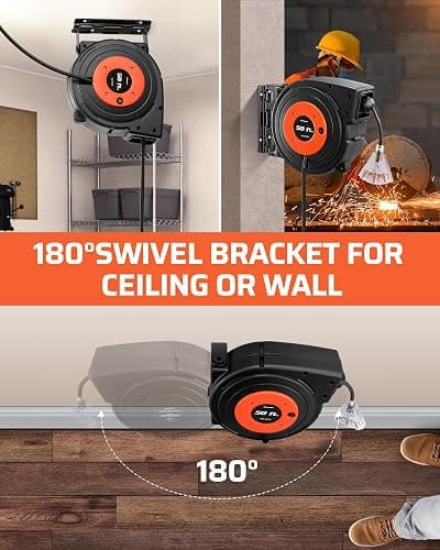 DEWENWILS Retractable Extension Cord Reel, 50 FT Heavy Duty Power Cord, 14AWG/3C SJTOW, 3 Grounded Outlets Lighted Triple Tap, 13 Amp Circuit Breaker, UL Listed thumbnail 7