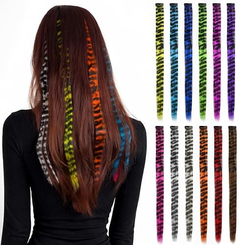 12PCS Racoon Tail Hair Extensions, 18 Inch Striped Scene Clip in Hair Piece, Synthetic Long Straight Raccoon Printed Colorful Wigs, Women Accessories for Party, Cosplay, Halloween, Daily Use - Image 1