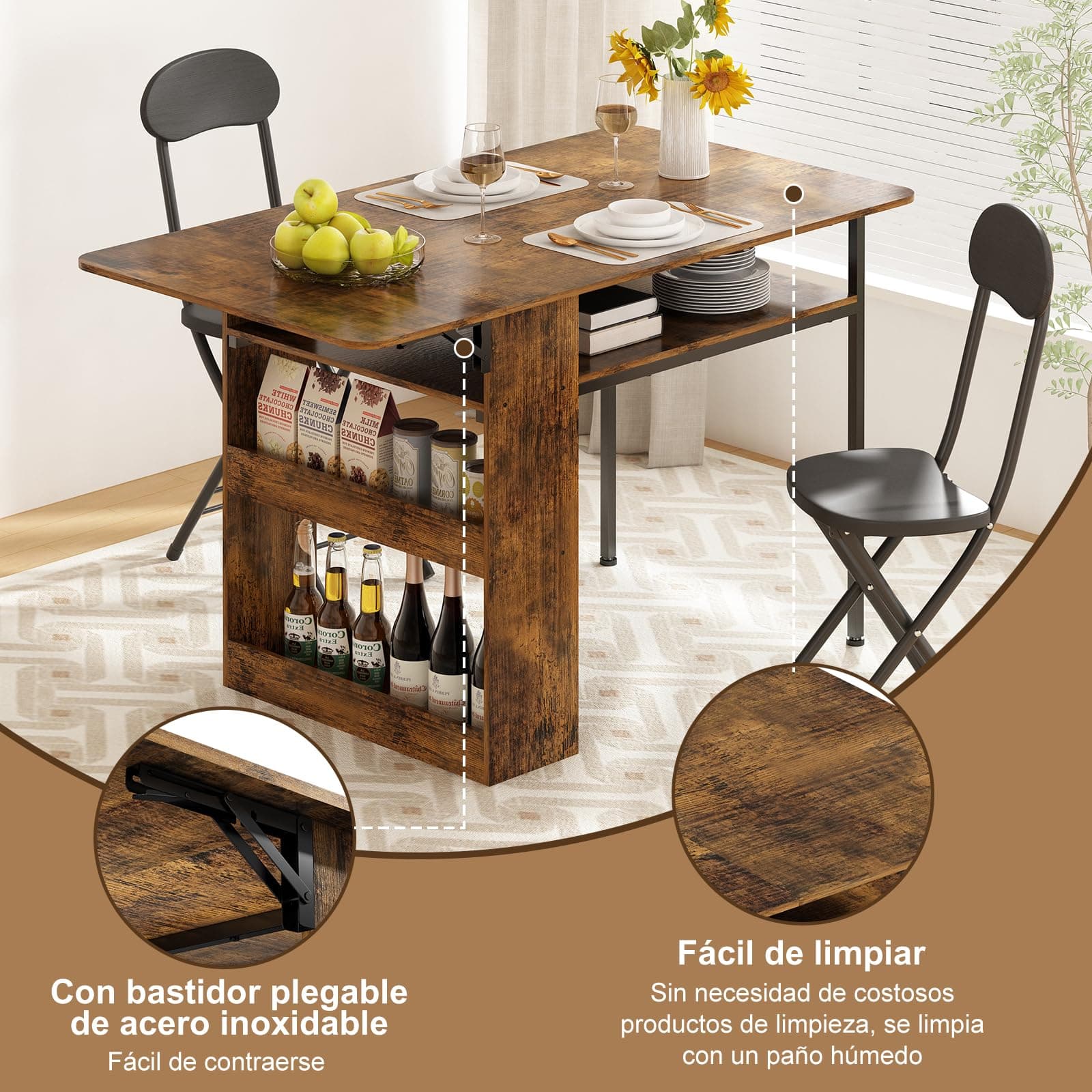 Mesa Plegable para Cocina, Mesa de Comedor con Estantes de Almacenamiento,Ahorro de Espacio, Mesa de Cocina 2 o 4 Personas Extensible, Adecuada para Sala de Estar, Cocinas, Terraza y Oficinas thumbnail 8