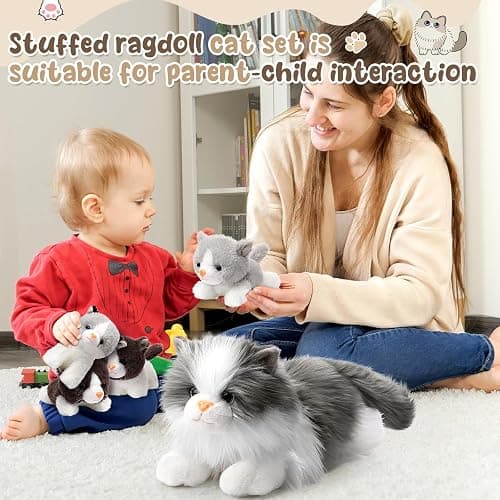 HyDren 5 Pcs Realistic Ragdoll Cat Stuffed Animal, 17.75 Inches Large Ragdoll Cat Mommy Plush with 4 Cute Babies Soft Plush Kittens Set for Girls Boys Birthday Party Favors(Grey) thumbnail 6
