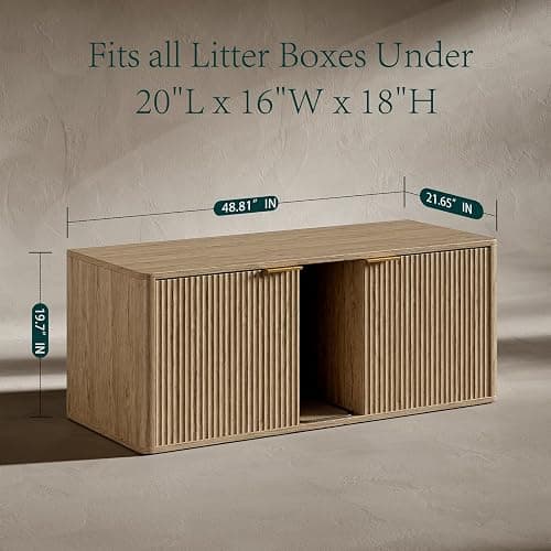 Evermagin 48.8" Double Litter Box Enclosure Furniture for 2 Cats, Large Hidden Oak Litter Box Cabinet with Front Entry, Mid Century Modern Fluted Kitty End Table, Includes Scratching pad thumbnail 2