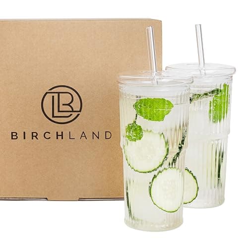 Birchland All Glass Iced Coffee Cup with Lid and Straw, Ribbed Glass Tumbler Set of 2 (22 oz ribbed) - Image 1
