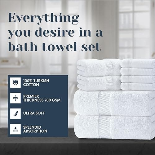Luxury White Bath Towel Set of 8 Pieces - 100% Turkish Cotton 700 GSM Highly Absorbent Towels for Bathroom, 2 Bath Towels, 2 Hand Towels, 4 Washcloths thumbnail 2