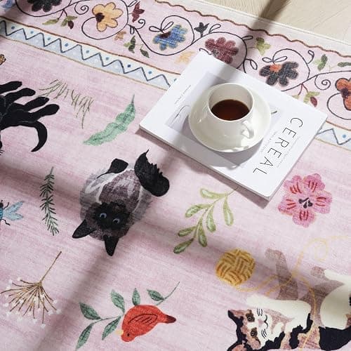Rugcomf Round Rug 4ft Washable Circle Rug Non Slip Low Pile Boho Floral Animal Cat Small Circular Rug for Bedroom Bathroom Entryway Kids Room Office College Dorm, Pink thumbnail 7