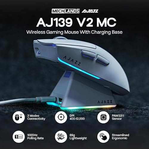 MechLands AJAZZ AJ139 V2 MC Gaming Mouse with Charging Base, Adjustable 12,000 DPI, PAW3311 Sensor, 3 Modes Wireless Mouse, 500mAh Battery, 1000 Polling Rate, 66g Lightweight, Win/Mac (White) thumbnail 2