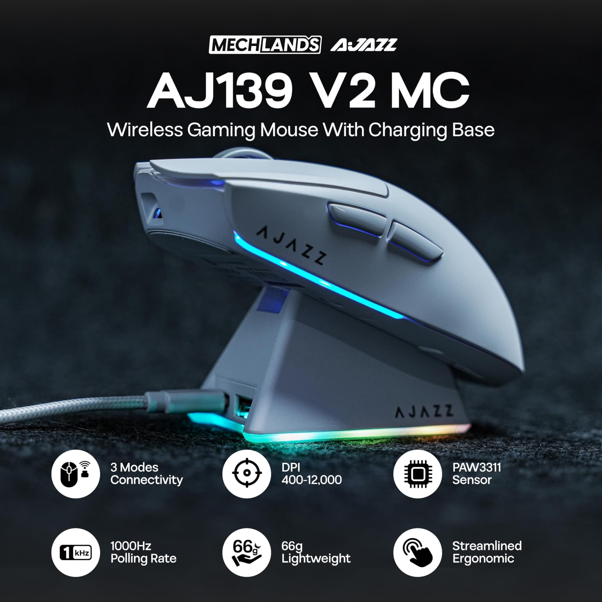 MechLands AJAZZ AJ139 V2 MC Gaming Mouse with Charging Base, Adjustable 12,000 DPI, PAW3311 Sensor, 3 Modes Wireless Mouse, 500mAh Battery, 1000 Polling Rate, 66g Lightweight, Win/Mac (White) thumbnail 2