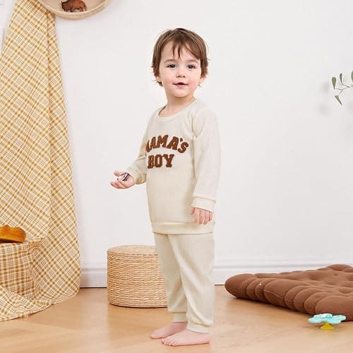 Kupretty Toddler Baby Boy Fall Winter Clothes Embroidery Waffle Knit Sweatshirt Pullover Tops + Casual Pants Outfit Set thumbnail 2