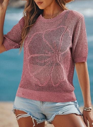 Dokotoo Womens Summer Short Sleeve Crochet Tops Hollow Out Floral Sweaters Beach Vacation Cruise Outfits thumbnail 2