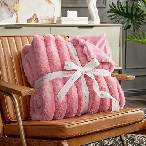 Cozy Bliss Faux Fur Throw Blanket for Couch, Cozy Warm Plush Striped Blanket for Sofa Bedroom Living Room, 50 * 60 Inches Hot Pink thumbnail 4