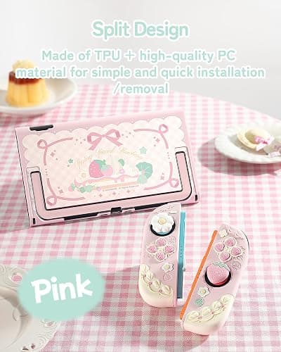 GeekShare Strawberries with Cream Case Compatible with Switch 2, Slim Separable Soft Silicone Protective Shell with 2 Thumb Grip Caps -- Pink thumbnail 5