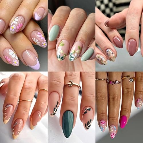 6 Packs (144 Pcs) Almond, Flower & Leaf Press on Nails - Short, Medium Sizes - 6 Styles - Fake Nails Kit for Women - Image 1