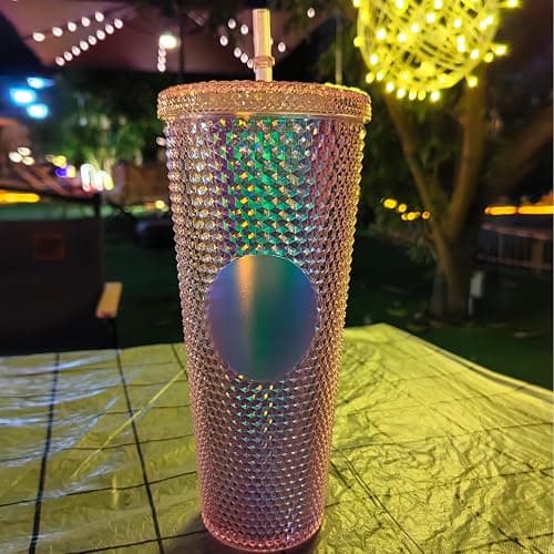 Studded Tumbler With Straw Tumblers With Lids And Straws Pink Tumbler With Straw Textured Cup BPA-Free Double-Wall Plastic Tumblers for Iced Coffee Cold Drinks or Water 24 Oz thumbnail 2