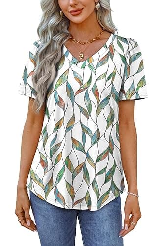 OFEEFAN T Shirts for Women V Neck Dressy Casual Blouses Puff Short Sleeve Summer Tops Loose Fit thumbnail 5
